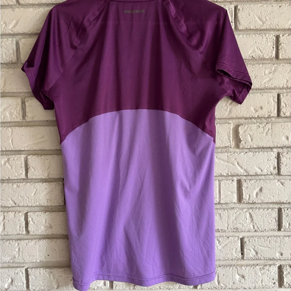 Patagonia Women’s V-Neck Short Sleeve Color Block Purple Top Large - Picture 3 of 9